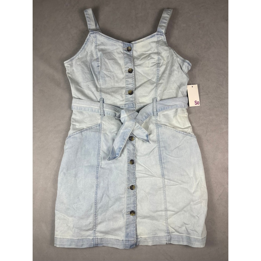 SO Light Blue Denim Button-Front Mini Dress with Tie Belt